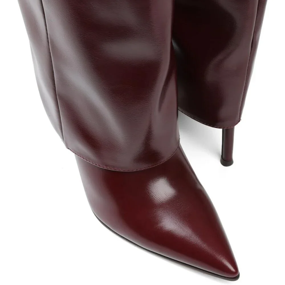 Women's Winered Knee High Wide Calf Pointed Toe Stiletto Fem Flame Stylish Heel